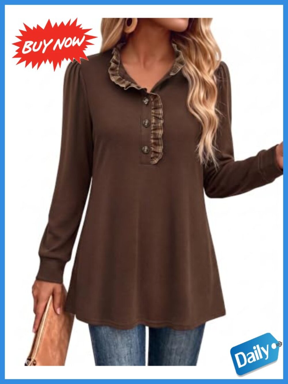 Long Sleeve Tunic Sweater Button Ruffle Stand Collar